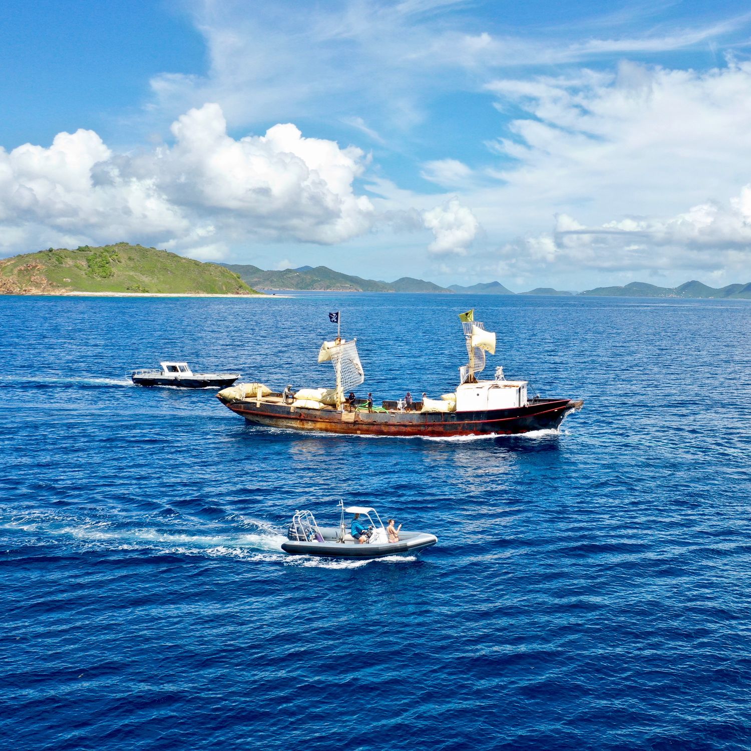 The Beyond The Reef art-reef vessel under tow in the British Virgin Islands