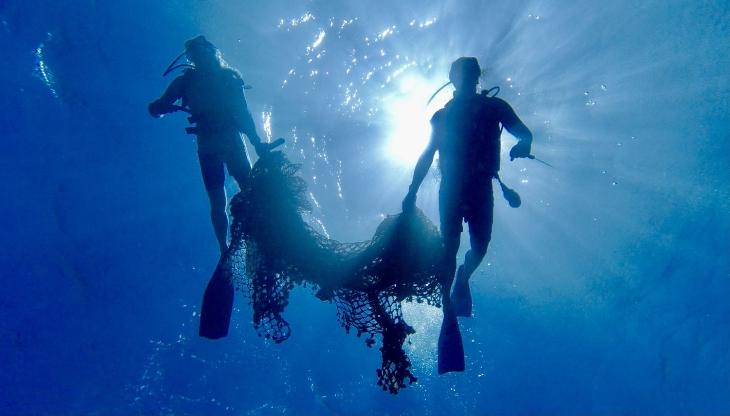 Divers carry recovered net toward the surface